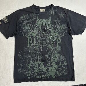 Blac Label Premium Affliction Mens L Shirt Skull Winged Crest Rhinestone Y2K AOP